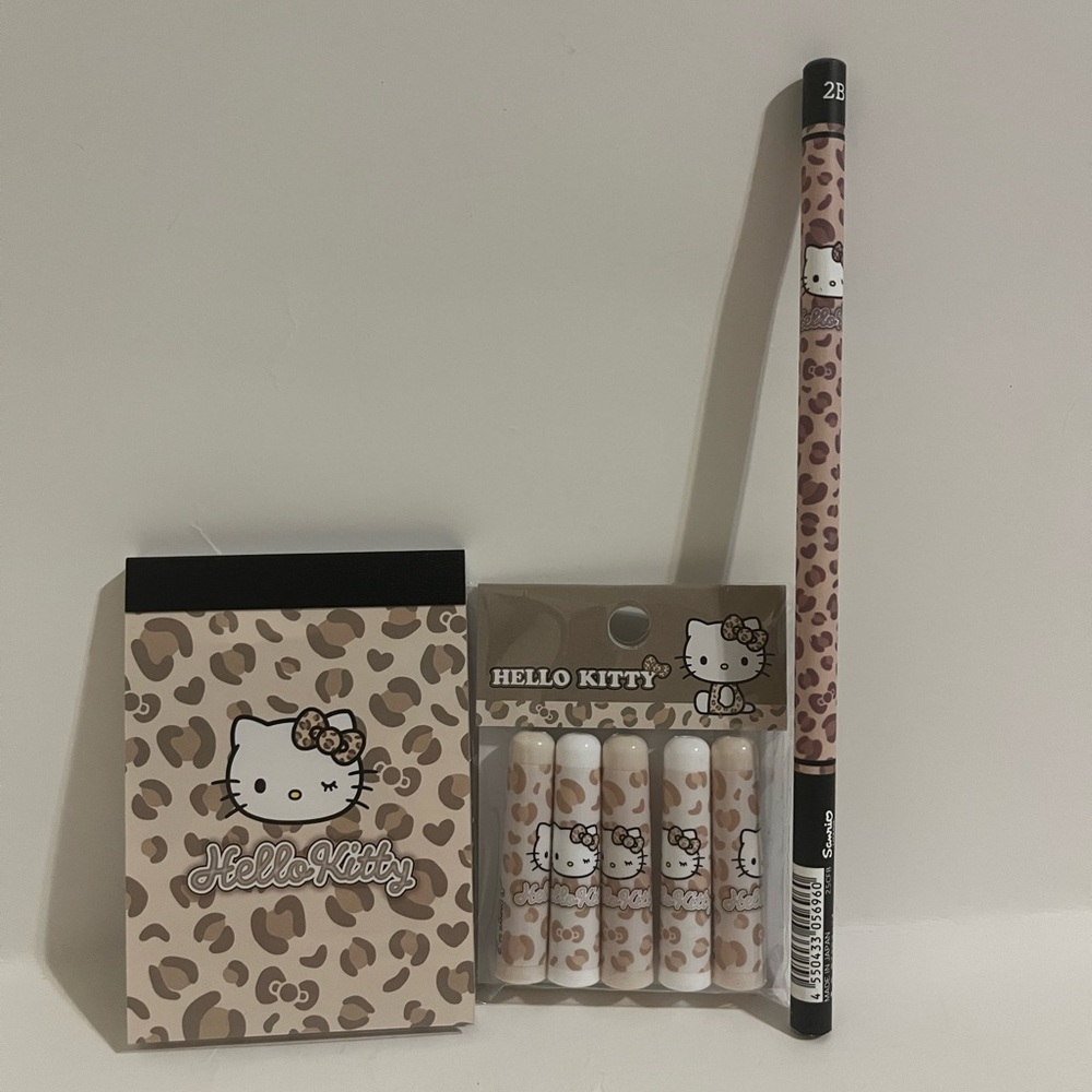 Hello Kitty Brown Leopard Mini Memo Pad, Pencil and Pencil Cap Bundle